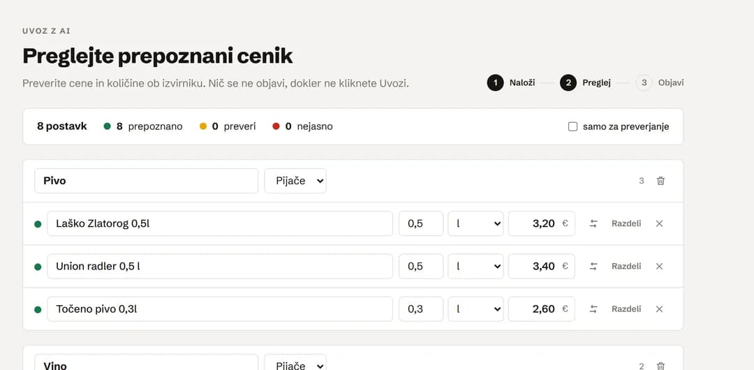 Pregled prepoznanih postavk ob izvirniku