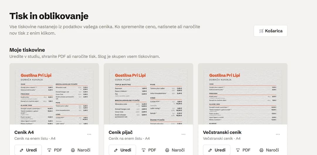 Tiskovine in QR kode iz cenika