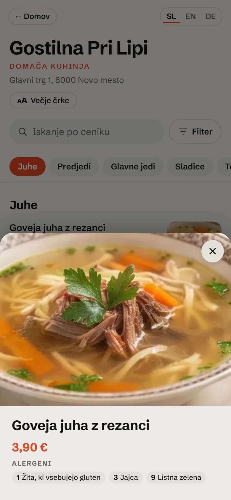 Podrobnosti jedi s fotografijo
