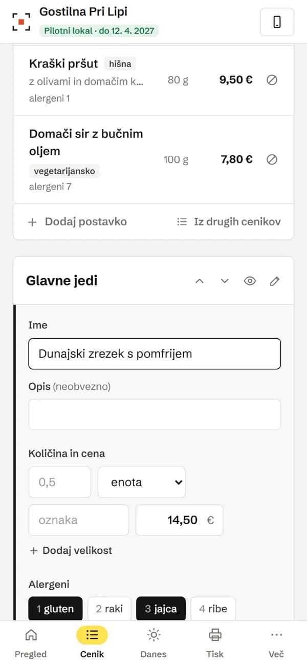 Urejanje cene na telefonu