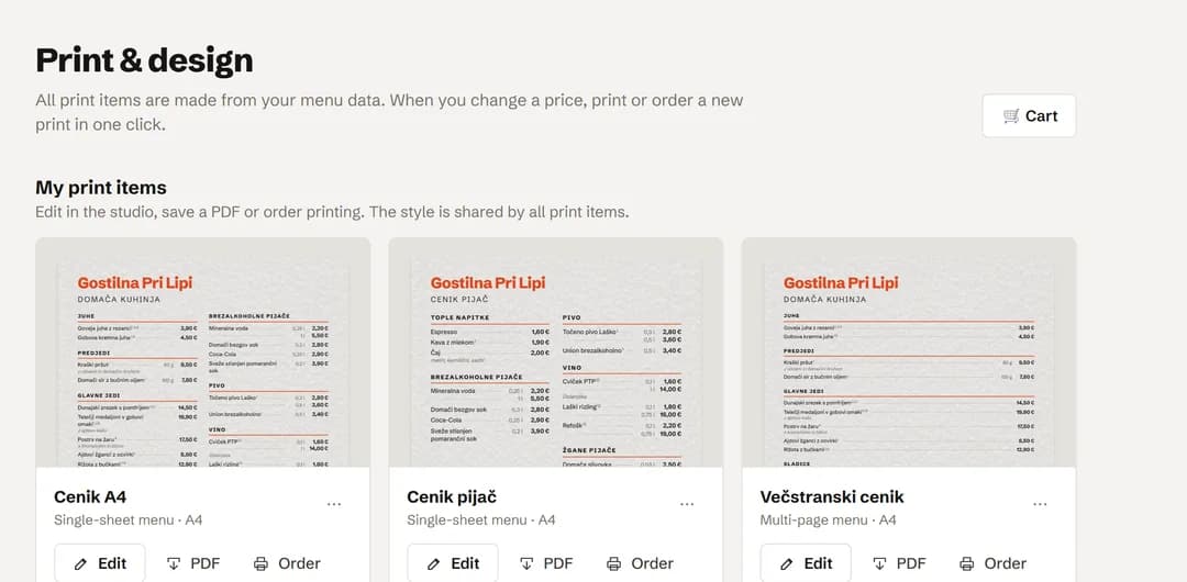 Print materials and QR codes from your menu