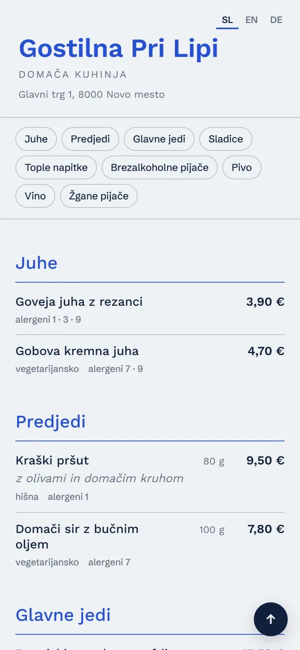 QR menu in the Modri style on a phone
