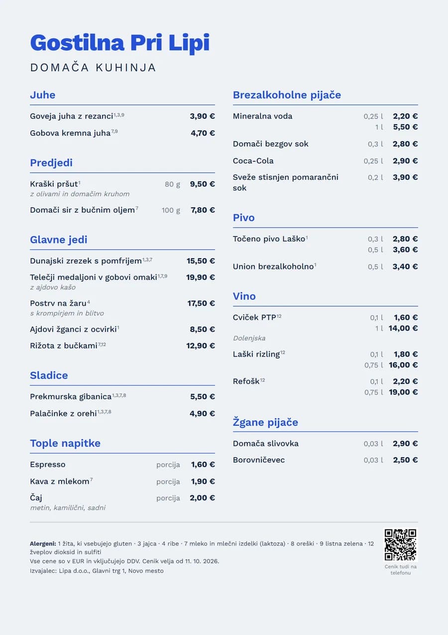 Printed menu in the style Modri
