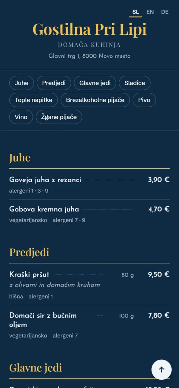 QR menu in the Morje style on a phone
