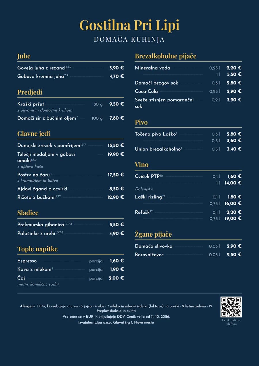 Printed menu in the style Morje