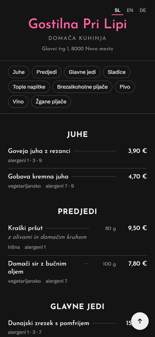 QR menu in the Nočni bar style on a phone
