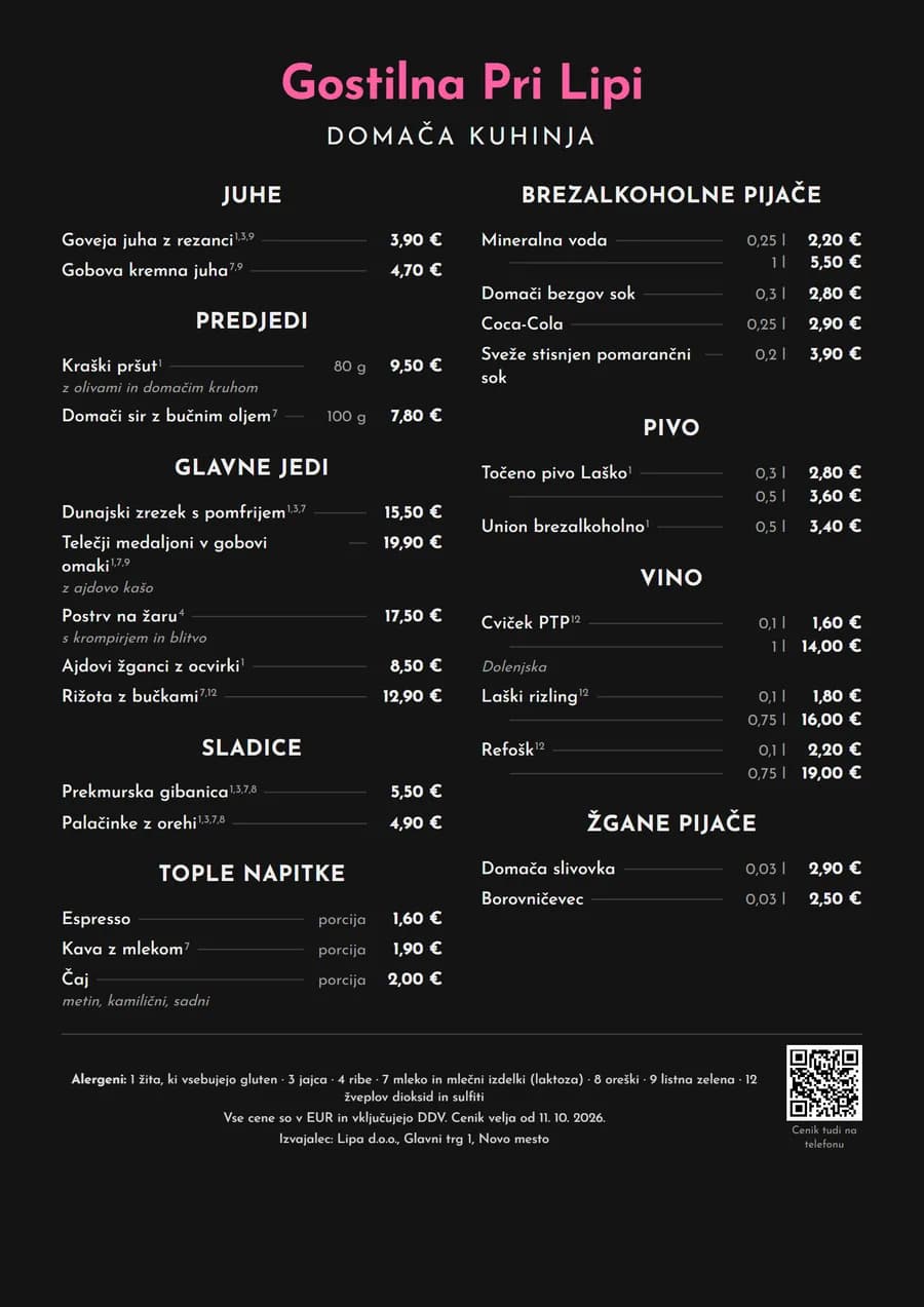 Printed menu in the style Nočni bar