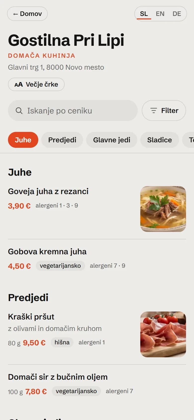 Hotelski QR cenik v angleščini na telefonu