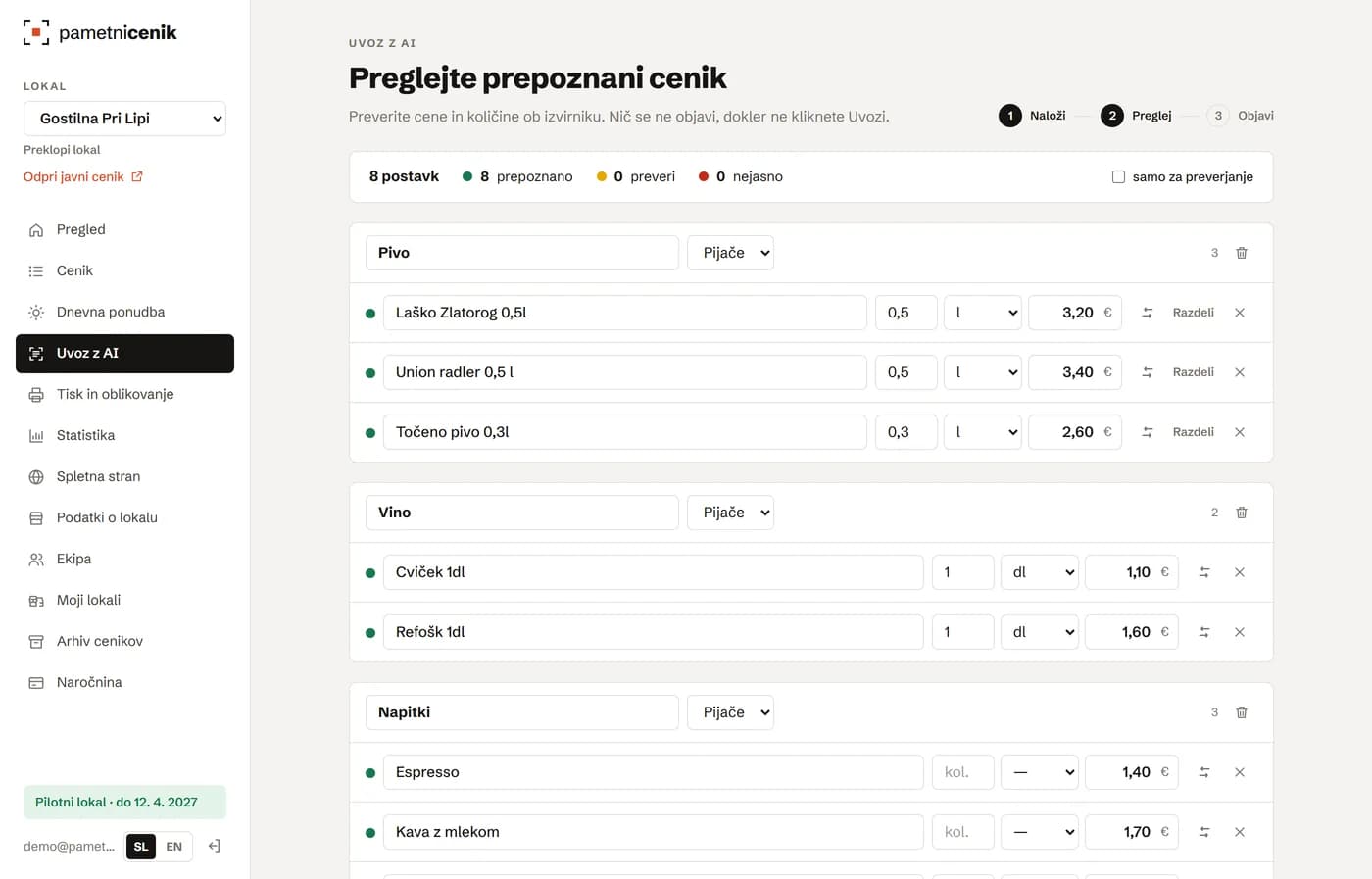 Samodejni pregled cenika