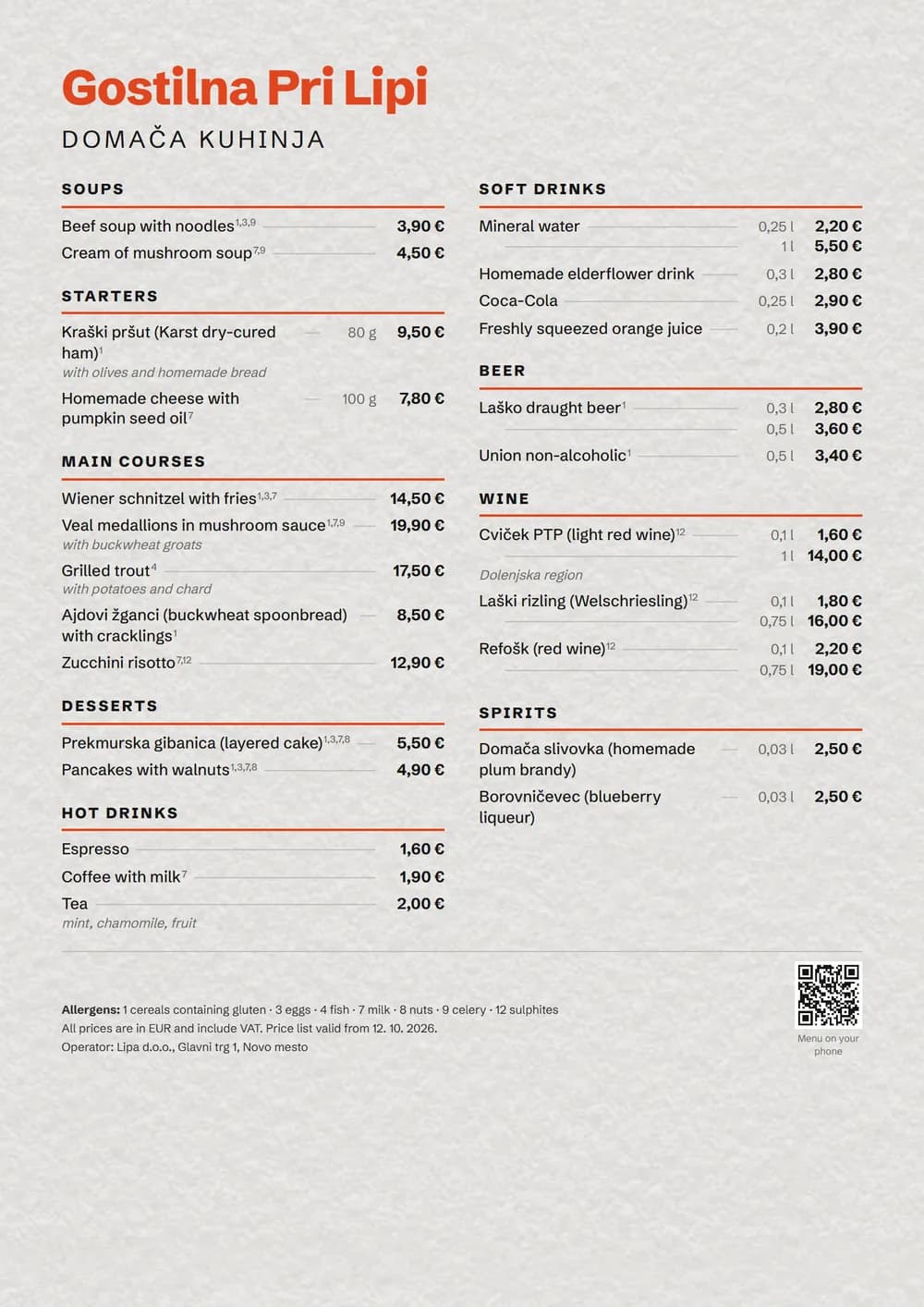Printed restaurant menu
