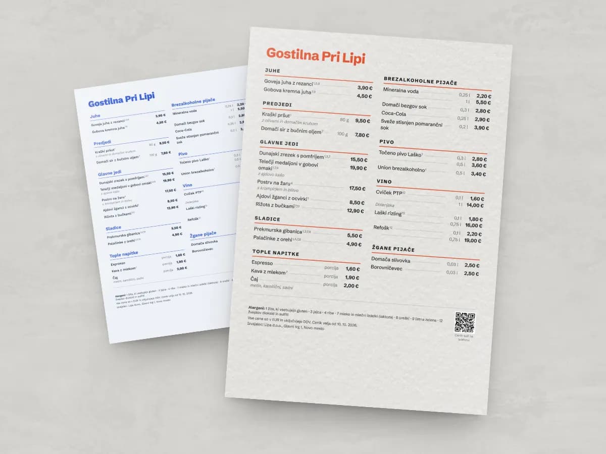 Printed A4 and A5 menus