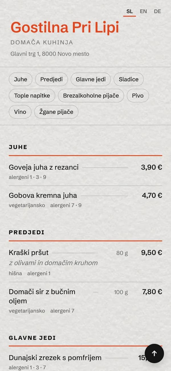 QR menu in the Urbani style on a phone