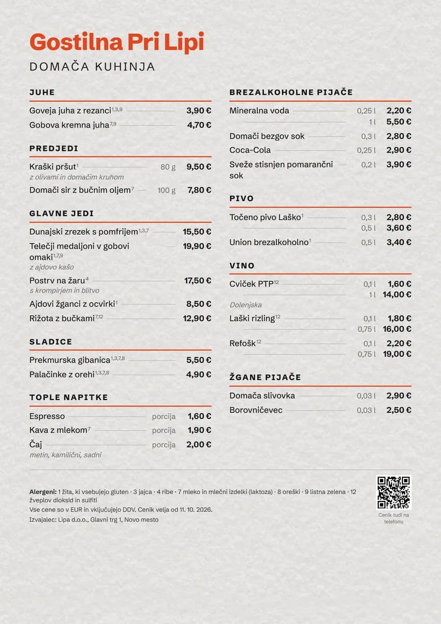 Printed menu in the style Urbani