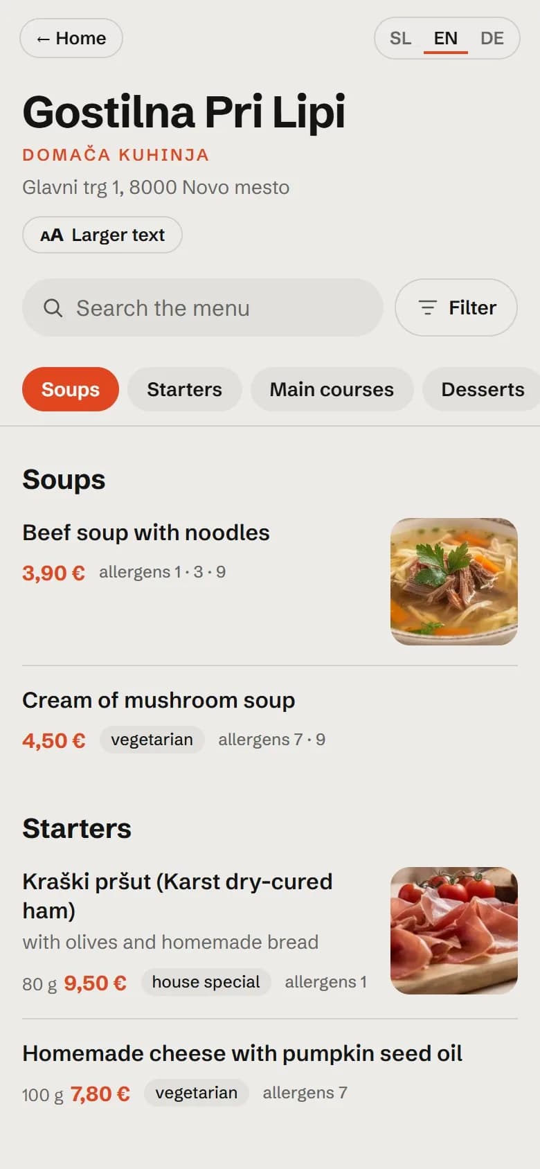 Hotel QR menu in English on a phone