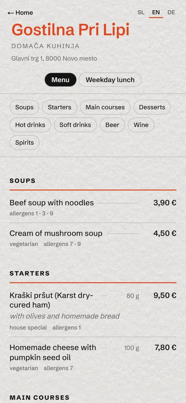 Menu in English