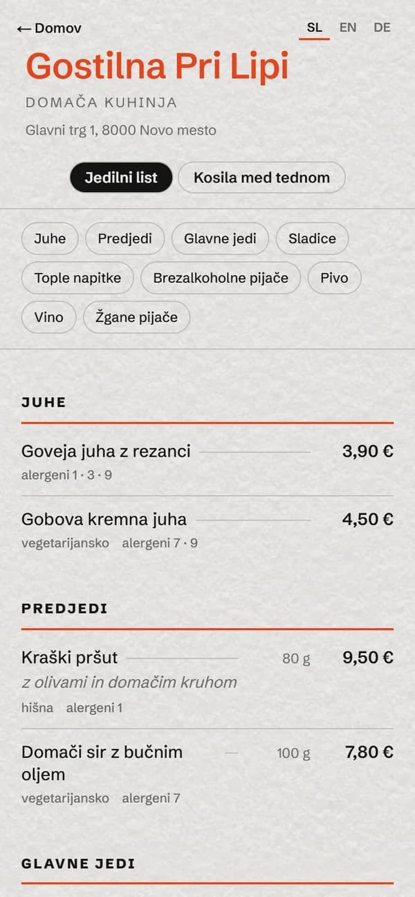 Menu in Slovenian